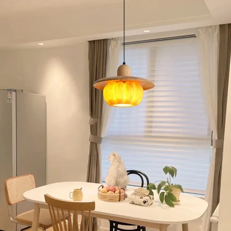 

SANDYHA Retro Pumpkin Pendant Light Wooden Hanging Lamp for Bedroom Dining Table Bar Counter Stylish LED Ceiling Chandelier