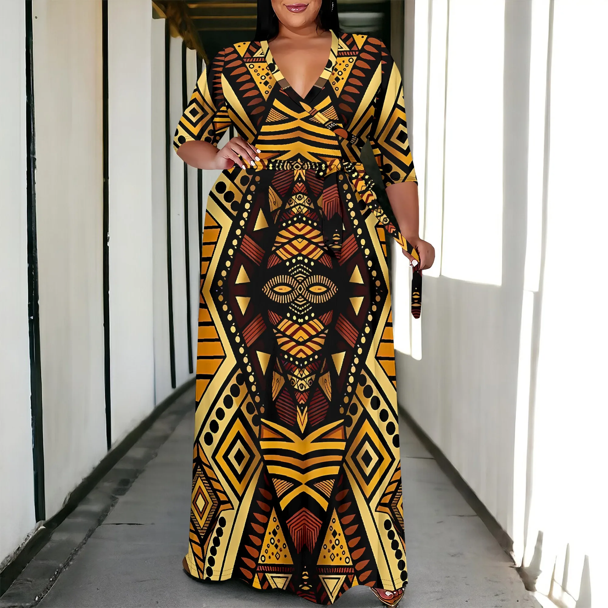 

Женское платье Nupusa с этническим узором и принтом больших размеров, летнее повседневное платье макси с v-образным вырезом и рукавами 3/4