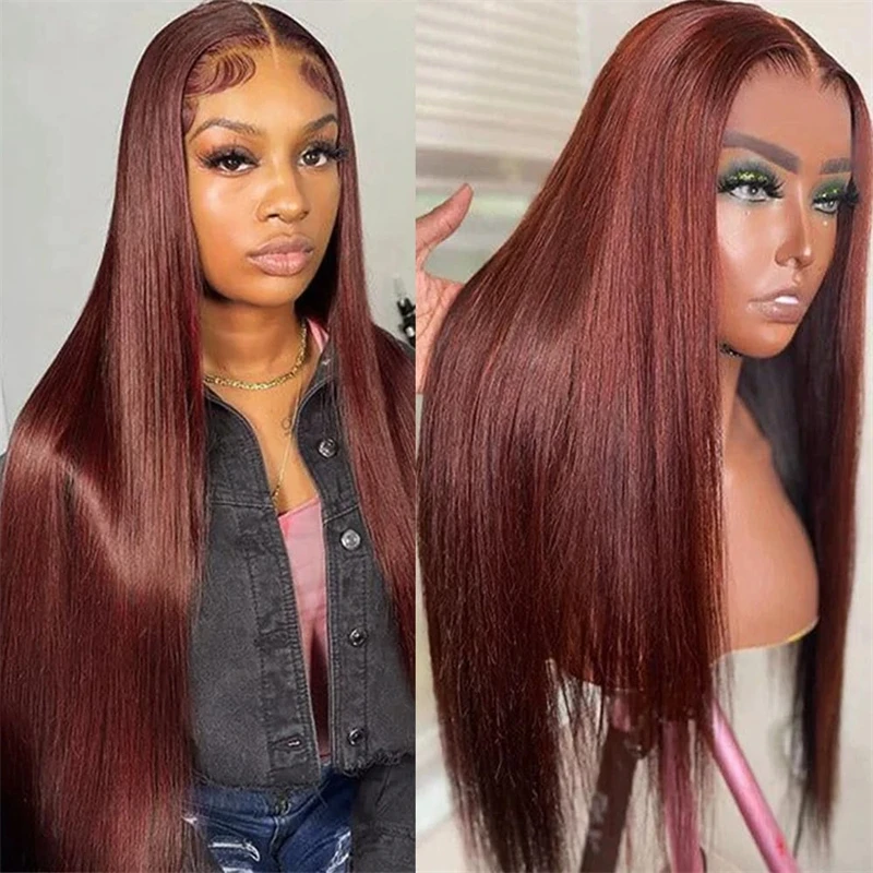 Reddish Brown Straight Lace Front Wigs Human Hair Pre Plucked 13x4 lace frontal wig Dark Red Brown 4x4 Closure Human Hair wig