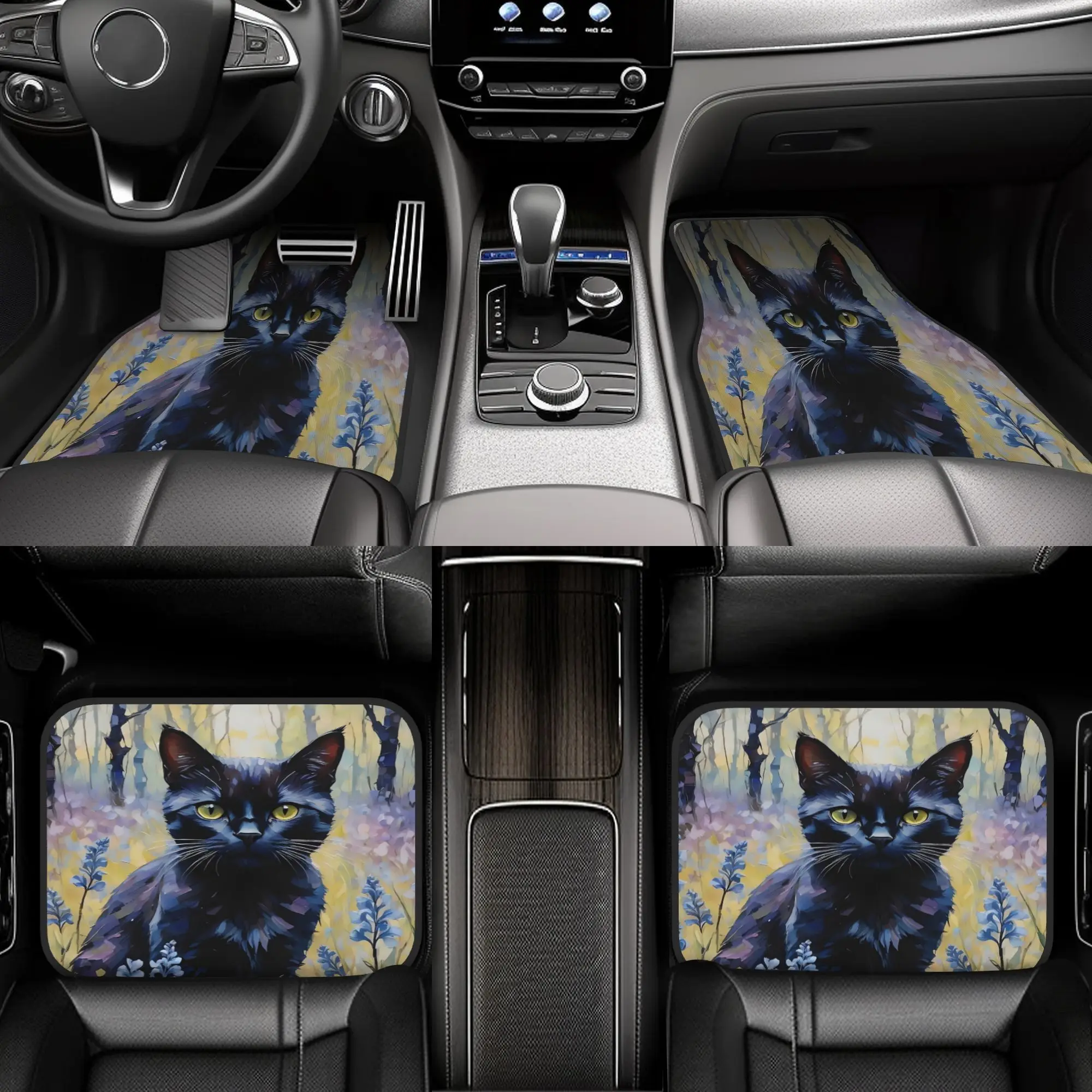 4pcs Black Cat Amongst Bluebells Oil Painting Car Floor Mats - Durable Polyester Fiber, Non-Slip & Easy-Clean Interior Mat With