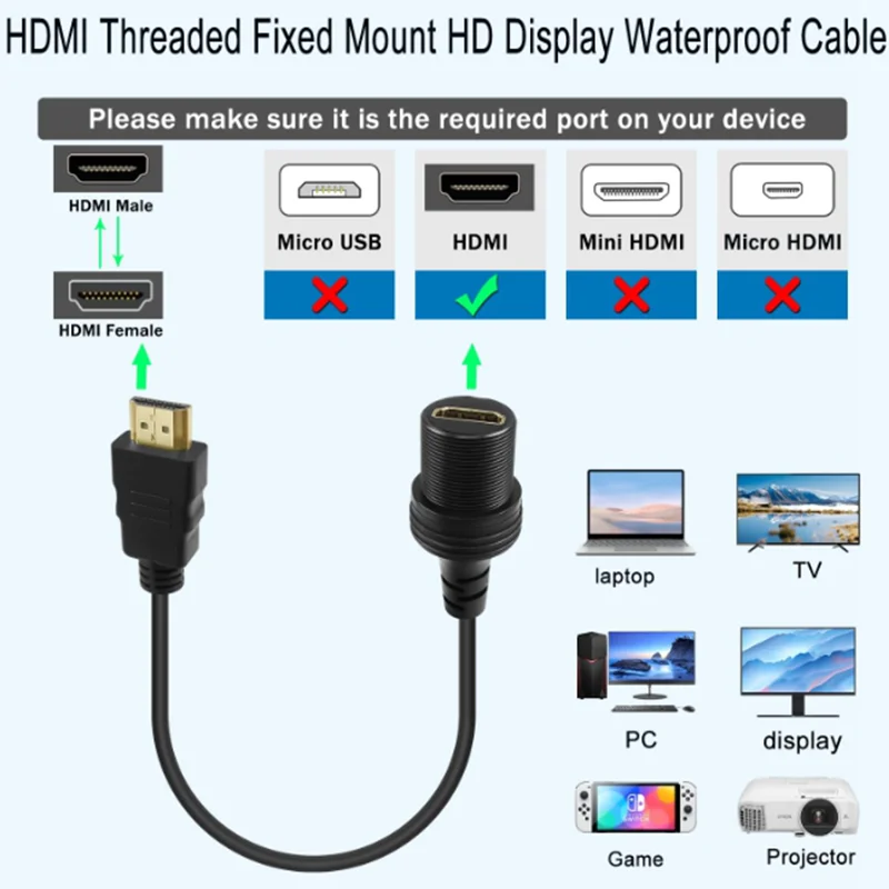 0.3 متر 4K HDMI الخيوط الثابتة جبل HD عرض كابل مقاوم للماء HDMI 2.0 ذكر إلى أنثى سيارة داش جبل تمديد الحبل