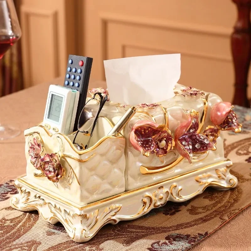 

Luxury European ceramic tissue box Light luxury living room Multifunctional pumping carton Remote control Storage box Ornament