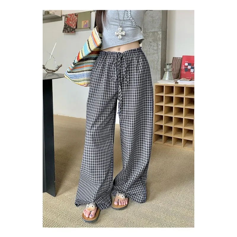 Damen-Hose mit weitem Bein, schwarz-weiß kariert, mit Blasenmuster, Baumwolle, elastische Taille, Kordelzug, Freizeithose