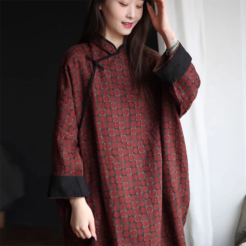 

New Arrival 2025 Spring Autumn Arts Style Women Stand Collar Loose Vintage Long Dresses Dot Print Linum Dress Top quality T125