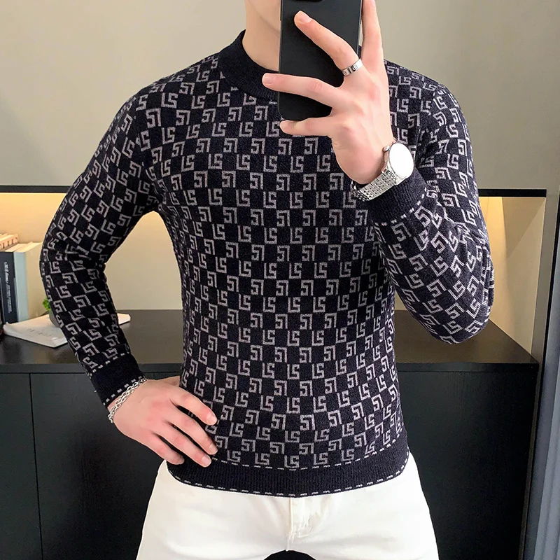 Brand Autumn Velvet Knitted Sweater Men Slim Fit Long Sleeve Pullovers Round Necked Warm Casual Business Knitwear Tops