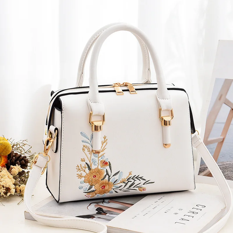 Luxury Embroidered Handle Bags for Women PU Leather Shoulder Crossbody Bag High Quality Messenger Handbag Middle-aged Mommy Bag