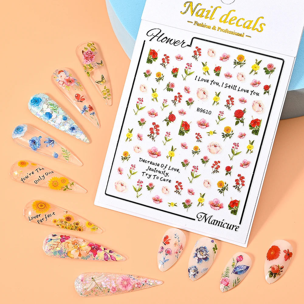 1Sheet Summer Flower Nail Art Stickers 3D Self Adhesive Sunflower Rose Design Nail Decals Colorful Floral Sticker For Nail Decor