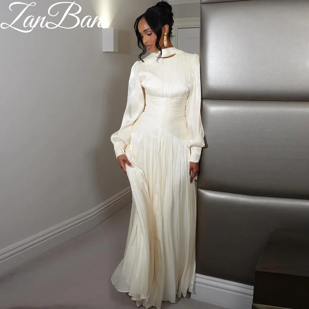 ZanBan 2026 Arabic Evening Dress O-Neck Pleats Crepe Customized Floor Length Muslim Corset Long Sleeves Prom Wedding Party Gown