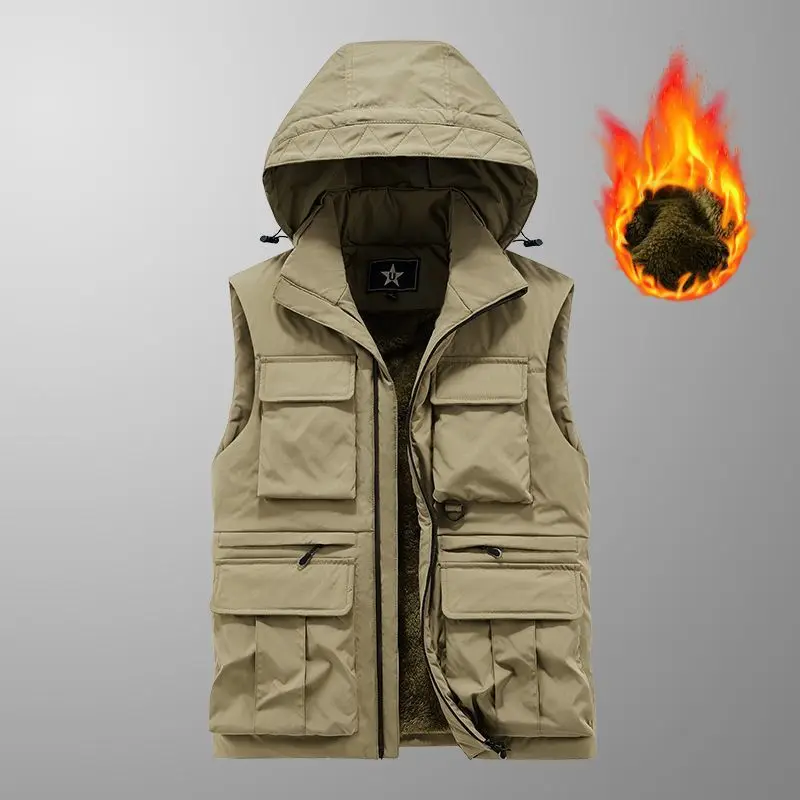 Winter Fleece Lined Thick Cotton Padded Vest Men Big Size Loose Warm Detachable Hood Multi Pockets Hiking Fishing Vest VT-376