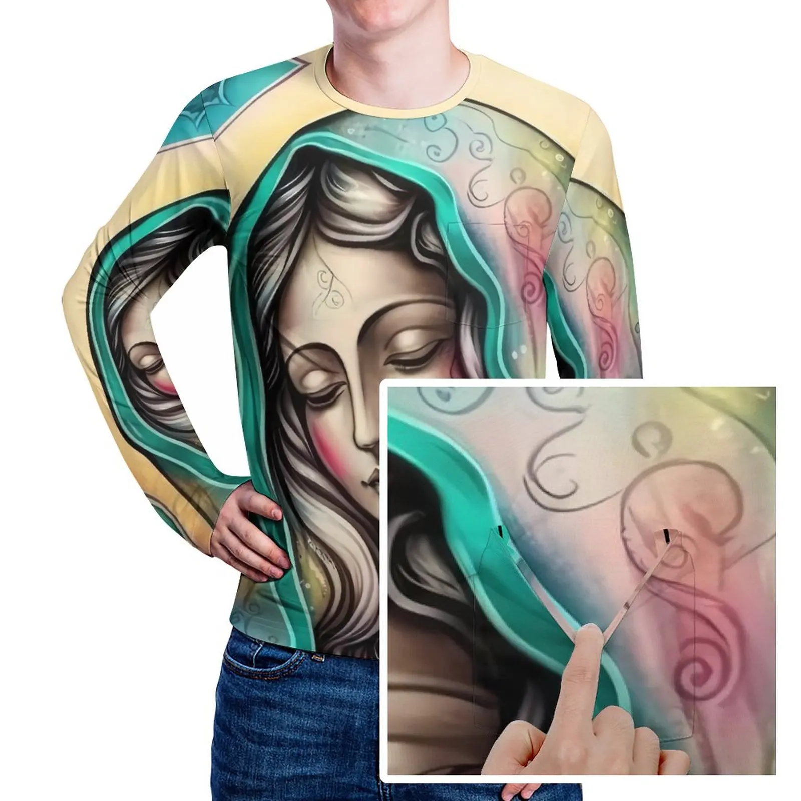 Virgin Mary T Shirt Christian Mother Goddess Vintage T-Shirts With Pocket Long Sleeve Graphic Tops Spring Fun Plus Size Tees