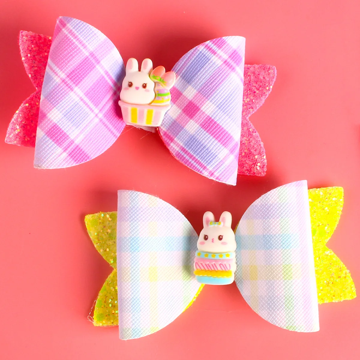 10pcs Glitter Plaid Print Bow Bunny Barrettes Rabbit Bowknot Haairpins Easter Headwear Boutique Hair Accessories for Girls