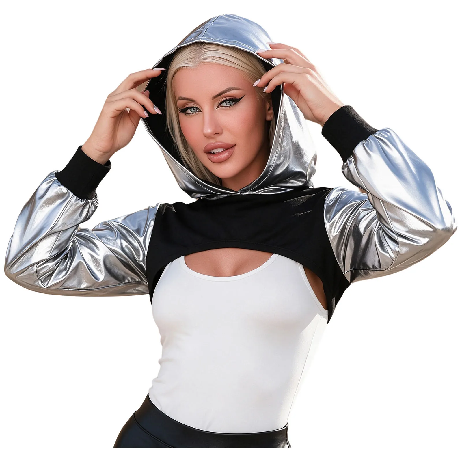 Womens Shiny Metallic Cropped Hooded Top Shiny Metallic Bolero Jacket Long Sleeve Rave Festivals Stage Jazz Pole Dance Clubwear