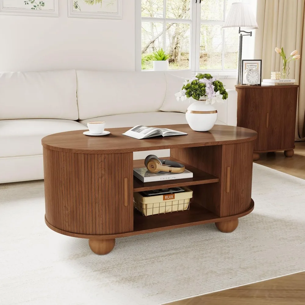 Rectangle Coffee Table, Mid-Century Modern Coffee Table with Storage & Sliding Doors, Fluted Coffee Table Center Table for Livin