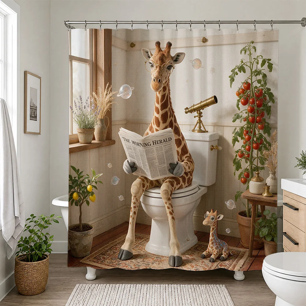 Giraffe Reading Newspaper Bathroom Shower Curtain Novelty Animal Print Bathroom Decor Fun Shower Curtain