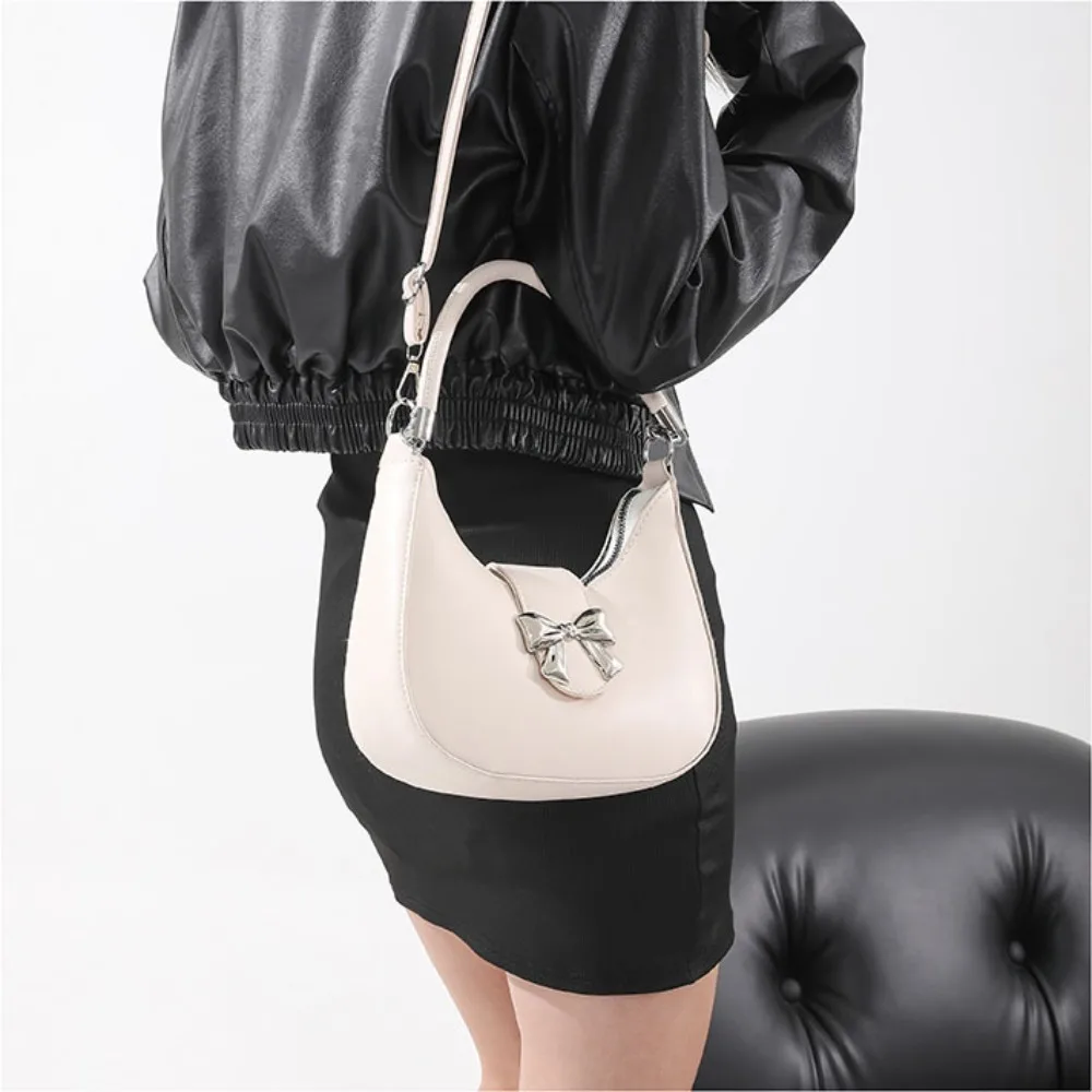 2024 Trendy Bow Shoulder Bag Underarm Bag Solid PU Leather Messenger Bag Daily Casual Commuting Bag Handbag