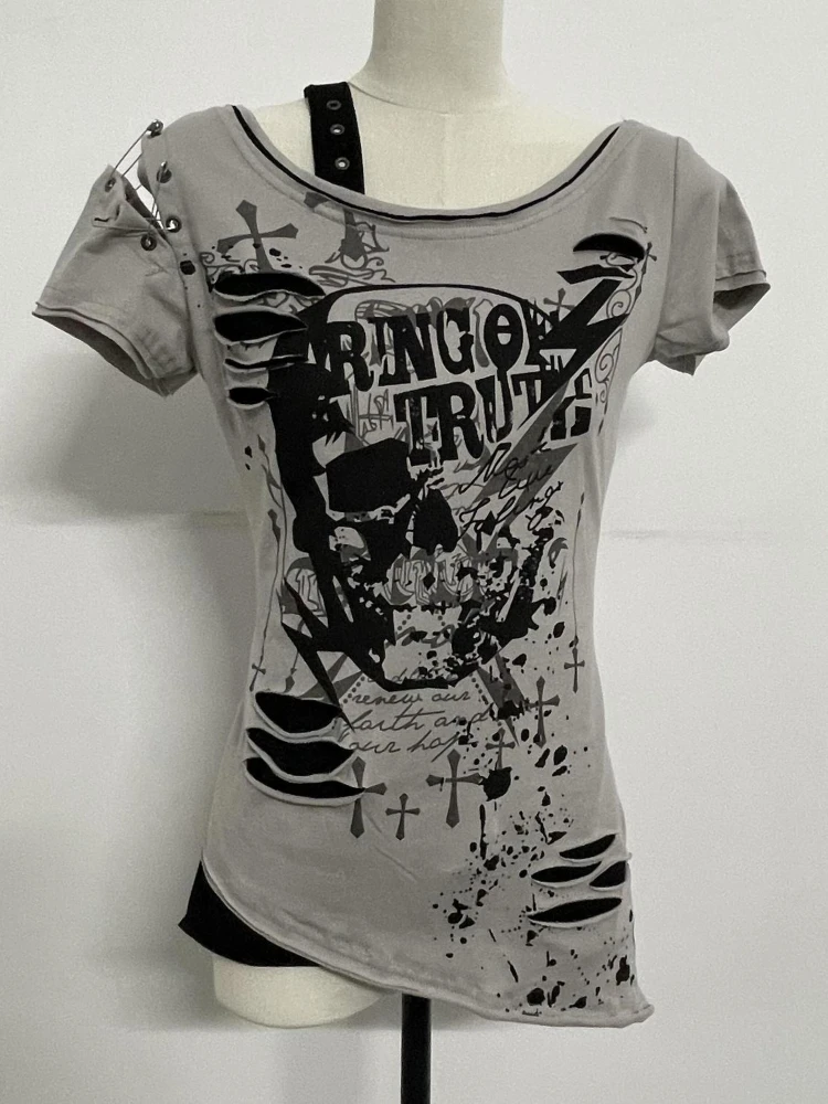 

Japanese Vintage Letter Skull Print T-Shirts Y2k Aesthetic Slim Gothic Tshirts Harajuku Hollow Out Tees Women Fake Two Piece Top