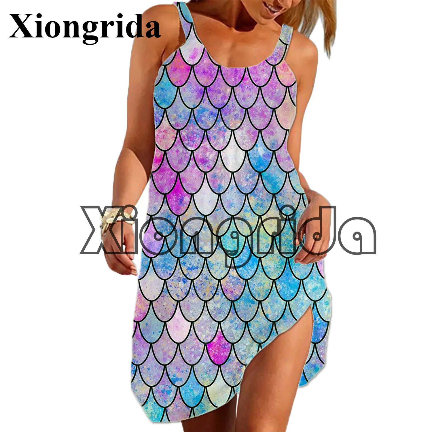 New Mermaid Dress Women Sexy Fish Scales Printed Strap Dress Sleeveless Mini A Line Dress Hawaii Tank Dress Beach Wear Homewear