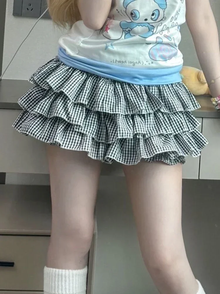 

Милые клетчатые юбки с оборками, женские юбки с высокой талией, японская мини-юбка Kawaii, винтажная повседневная женская сексуальная бальная юбка в консервативном стиле