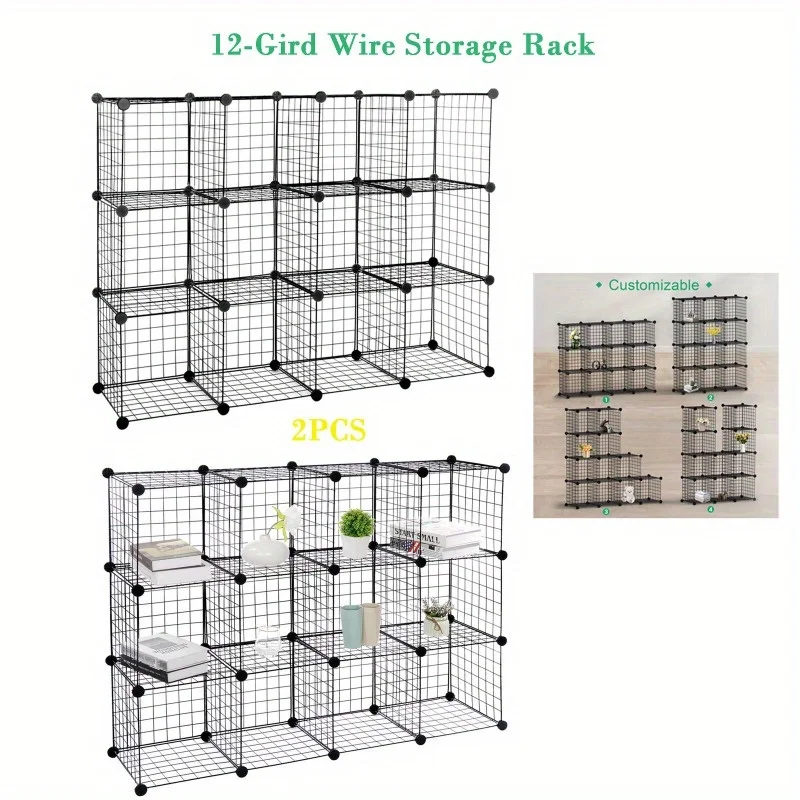 

2x 12 Cube Storage Shelf Wire Metal Grid DIY Modular Cabinet Bookcase Bookshelf