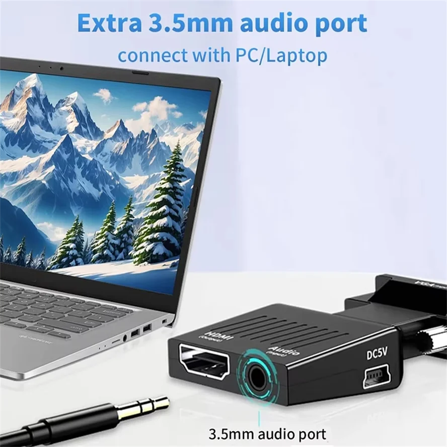 1080P Male VGA to HDMI-compatible Female Converter Adapter with 3.5mm Audio Portable HDMI-compatible to VGA Connector Laptop PC