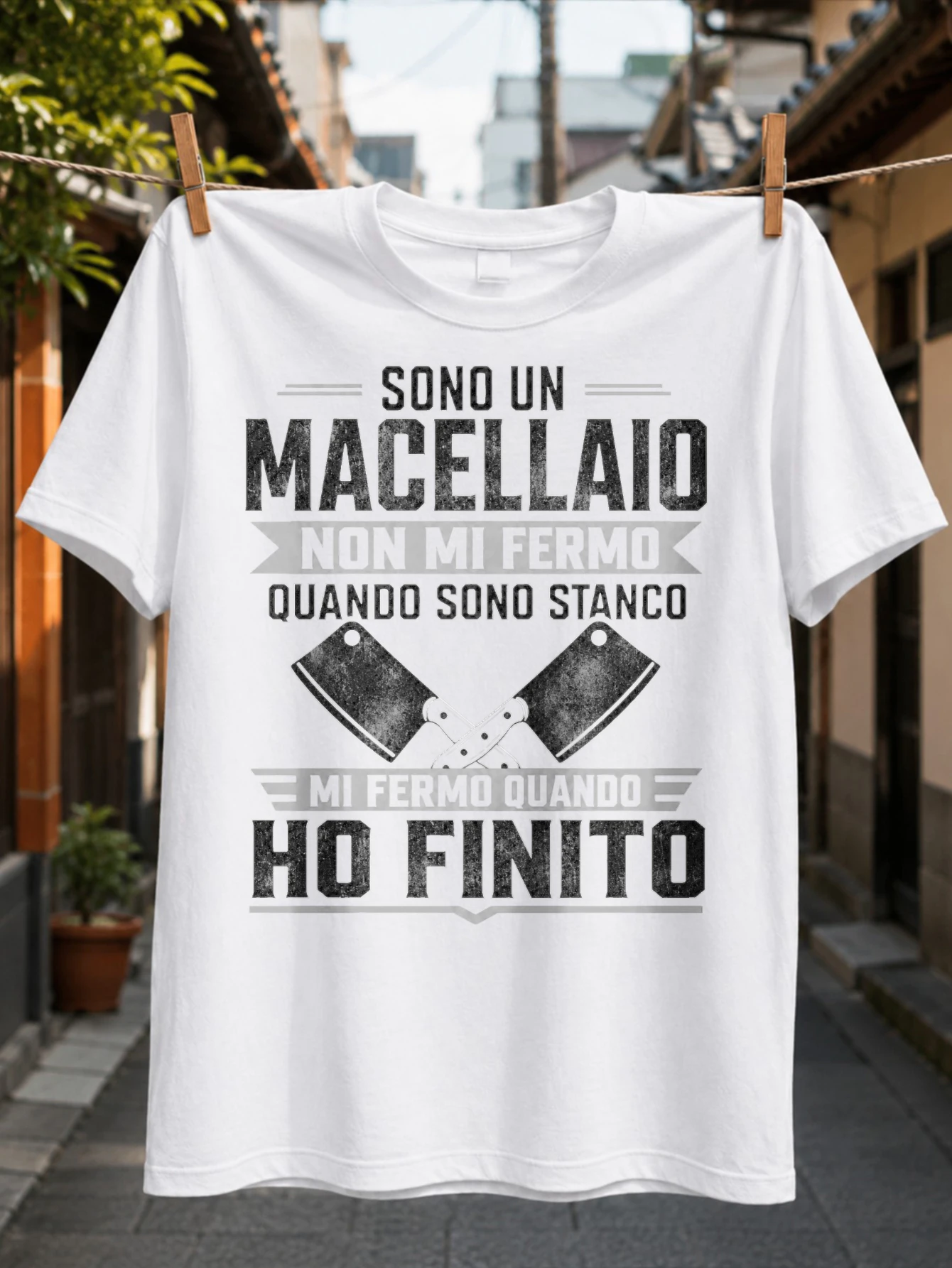 Italian Butcher Quote with Crossed Meat Cleavers I Stop When I Have Finished Bold Monochrome  Unisex All T-Shirt