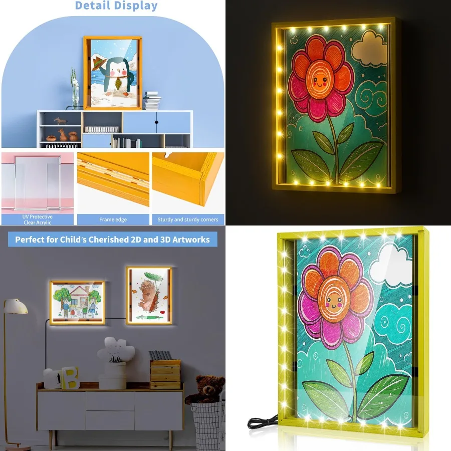 Artwork Shadow Box with LED Light Changeable Photo Album Display Storage Frame for Wall-mounted and Tabletop Use Ideal for Drie