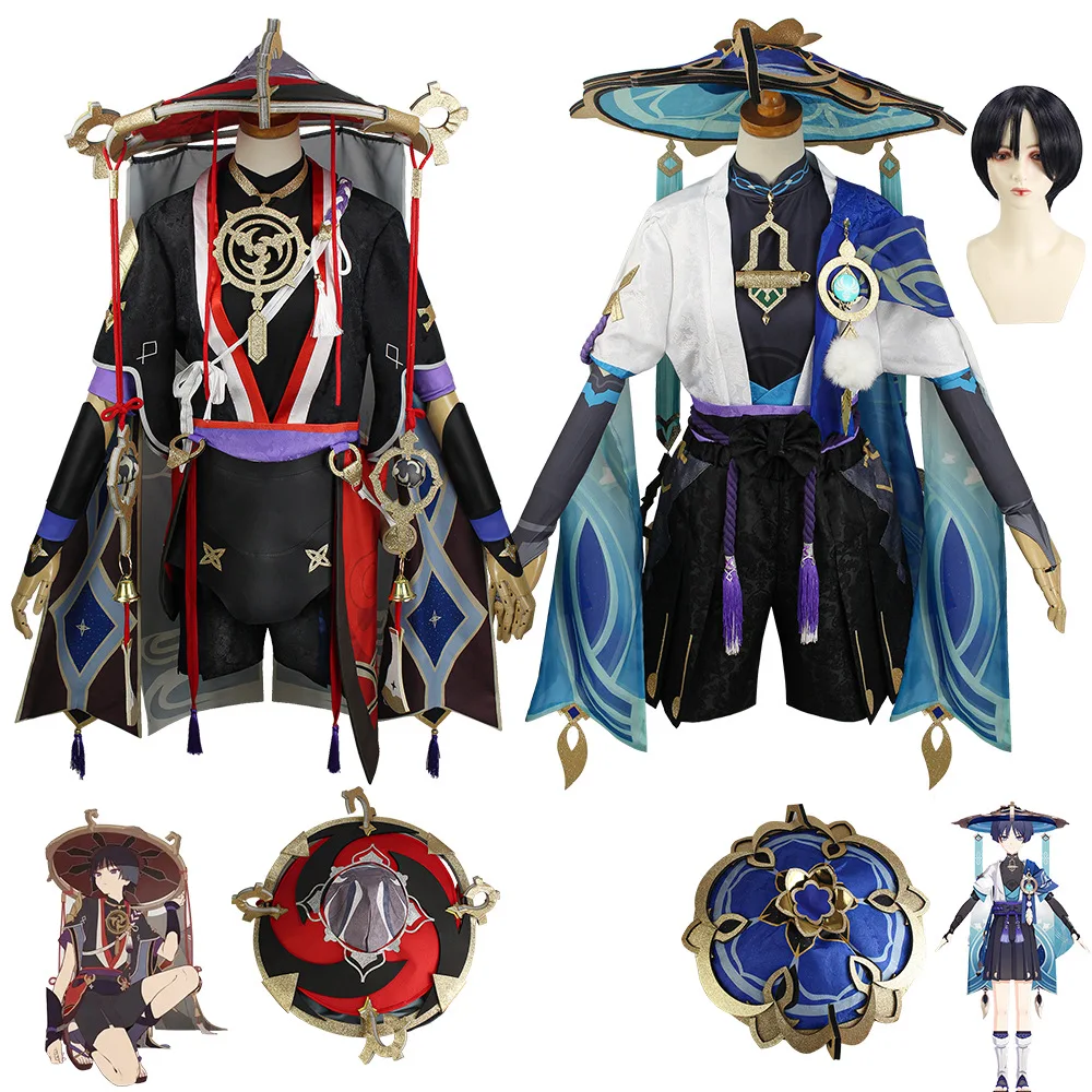 Kostium Scaramouche Cosplay Genshin Impact czapka z peruką pełny zestaw kostiumu Anime Halloween Genshin Cosplay wędrowiec kostium dla mężczyzn