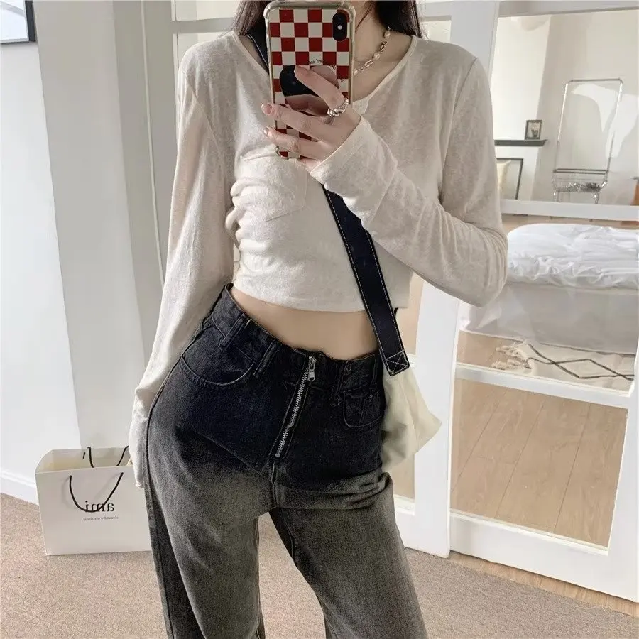 LEDP Women Jeans Straight Wide-Leg Trousers Pants Slim Retro Gradient High-Waisted Fashion Stretch Design Female Jeans