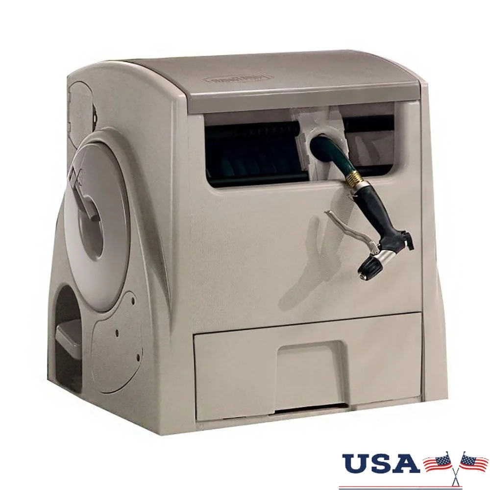 

Auto Power Rewind Hose Reel 100ft 5/8in with Foot Pedal Rechargeable Battery Manual Crank Storage Bin Smart Trak Technology