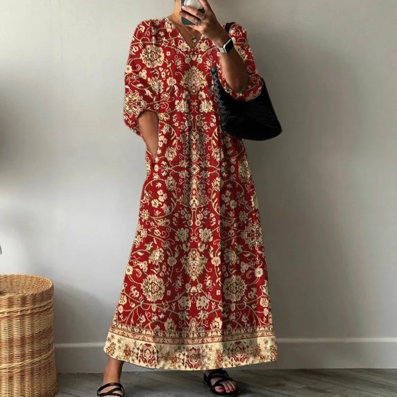 2025 여름 패션 캐주얼 브이넥 3/4 소매 플로럴 루즈핏 맥시 드레스
