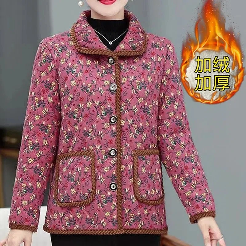 Middle-Aged Elderly Mothers Add Velvet Thicken Outerwear 2024 New Warm Cotton-Padded Jacket Winter Loose Cotton Women Jacket