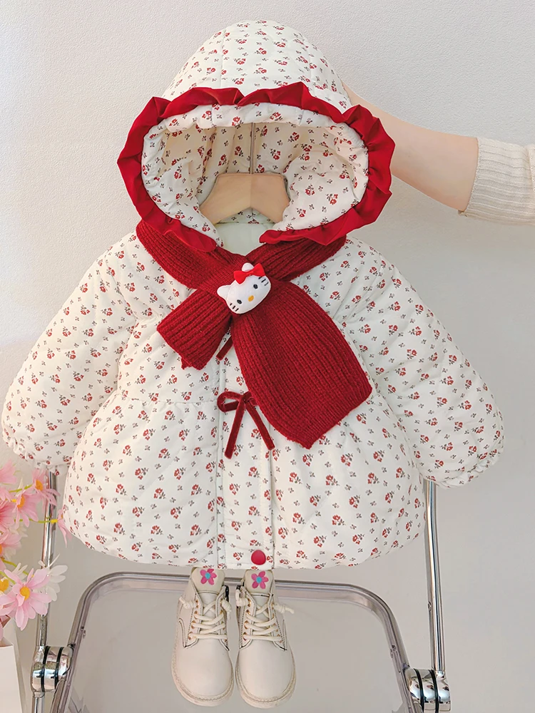 

Зимняя хлопковая куртка с цветочным принтом для девочек, милая теплая шапка, интегрированный шарф, очаровательная детская одежда, модная одежда