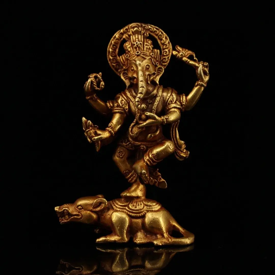 Handmade Nepal Red Copper Gilded Ganesha Statue Hindu God Wealth Collectible Altar Decor