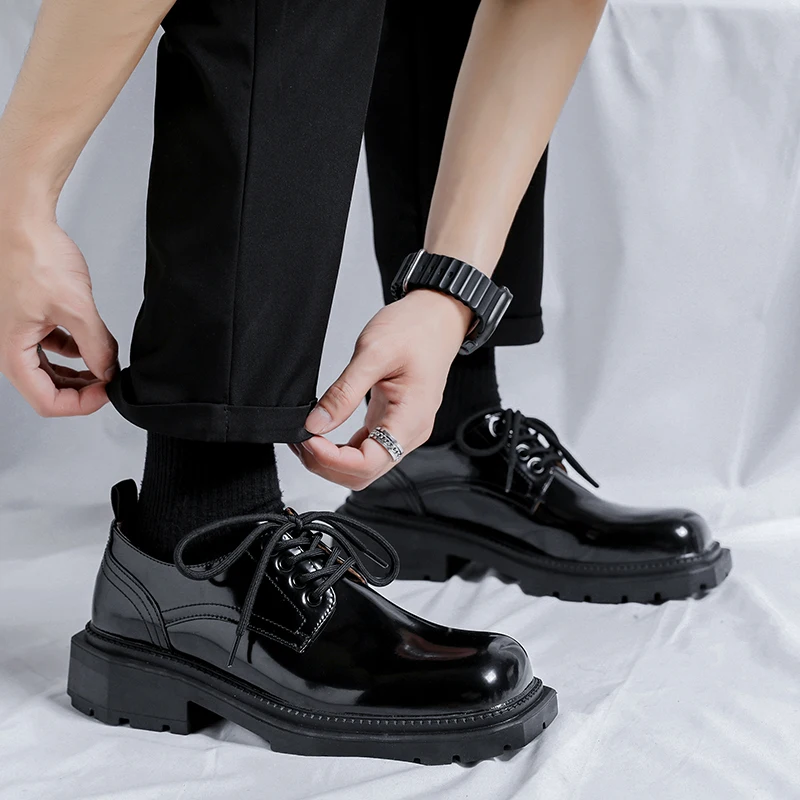 Fashion British Style Thick Bottom Shoes Mens Vintage Square Toe Leather Casual Shoes Male Platform Oxfords Party Dress Shoes