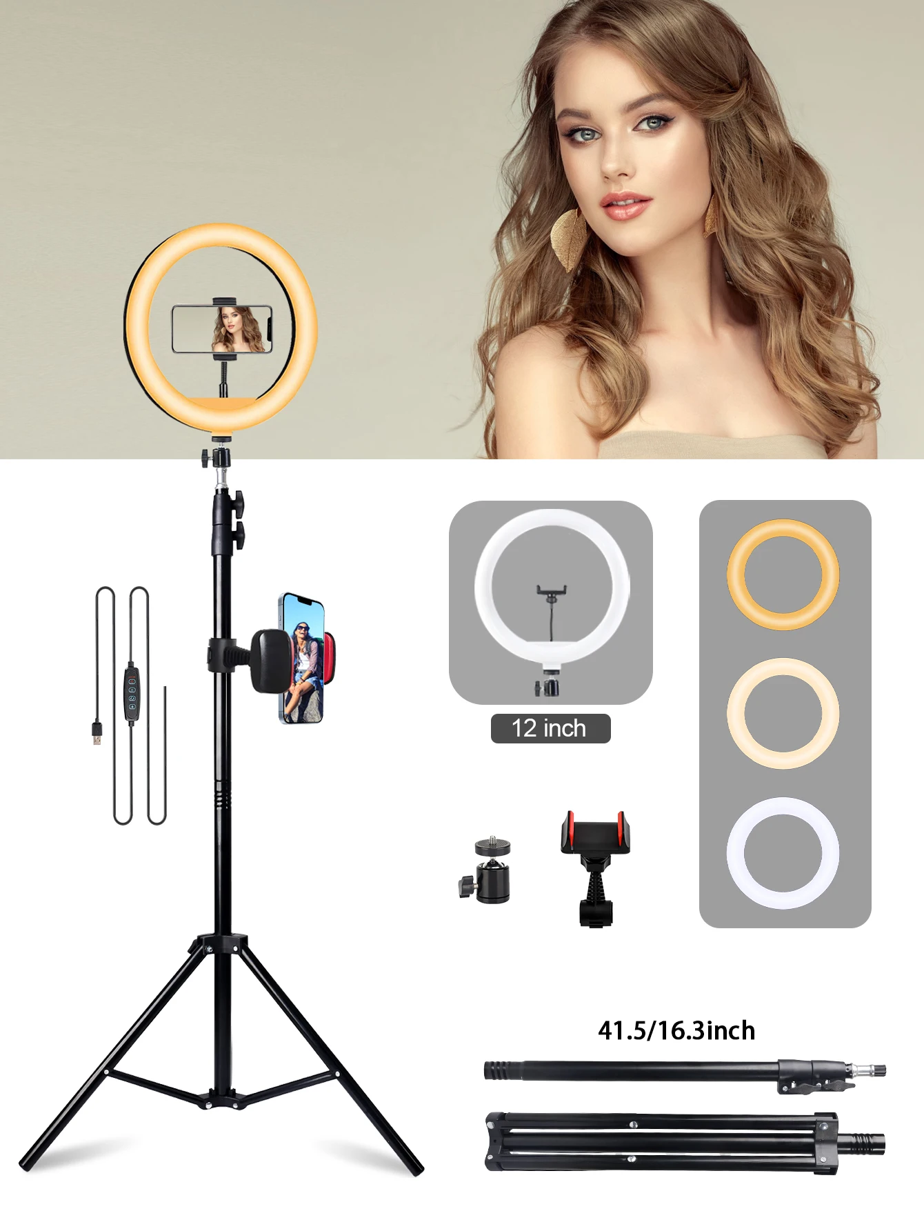 Anello luminoso a LED da 12 pollici, treppiede a 2 sezioni da 160 cm, luminosità regolabile, lampada portatile, trucco, fotografia mobile e registrazione dal vivo