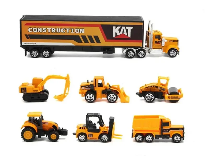 

1:64 7pcs/set Construction vehicle Excavator Bulldozer Road roller Dump Container truck car Alloy toy collection model kids gift