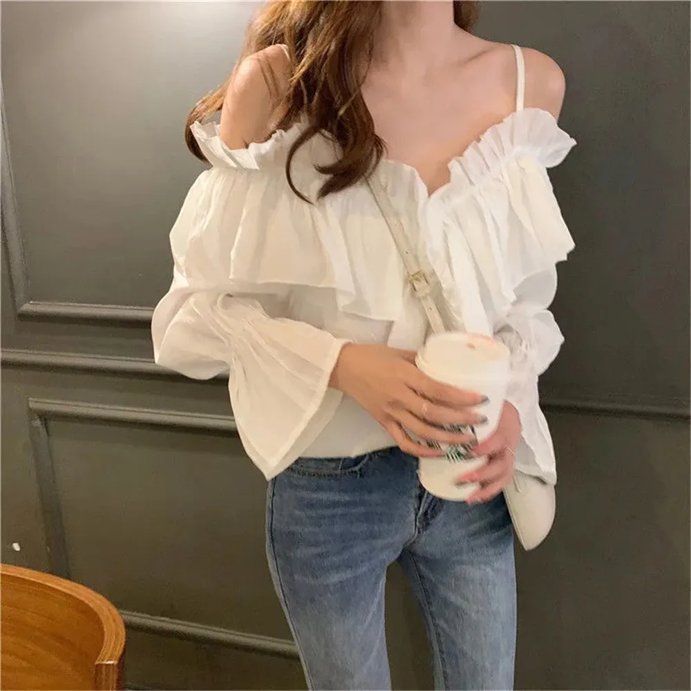 Y2K Ruffles Sexy Off Shoulder Blouses Women Party Design Stylish Ulzzang Long Sleeve Harajuku Solid All-match Soft Ins Crop Tops