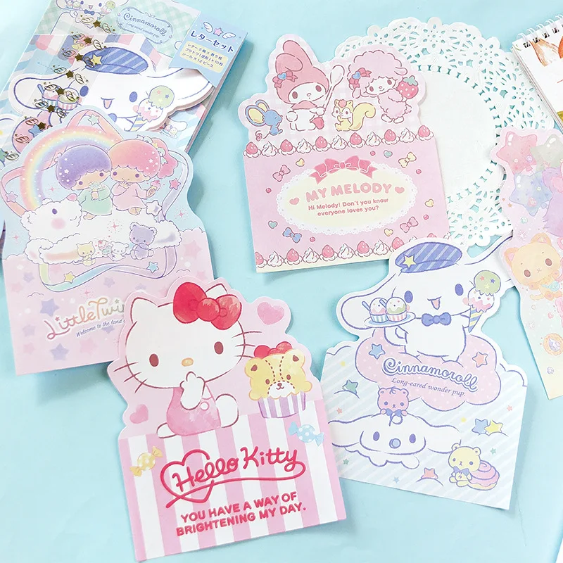 Sanrio Kitty Melody Cinnamoroll-Juego de sobres para niños, tarjeta de felicitación con mensaje de Festival, Bloc de notas, suministros escolares,