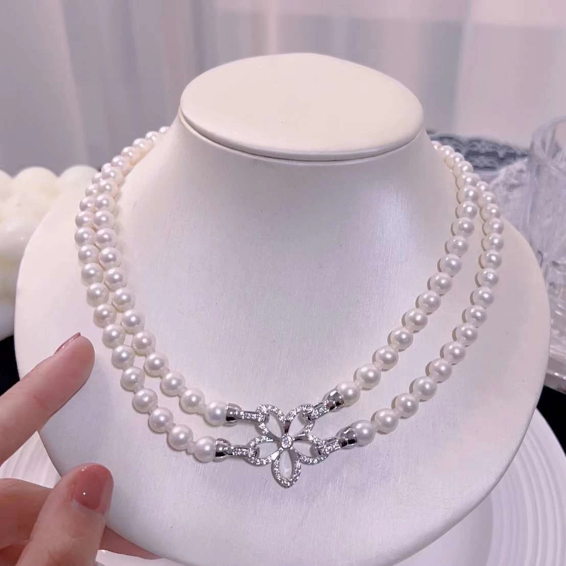 

N 41+44CM Double-layer Leafless Collarbone Sweater Chain Freshwater Pearl Necklace Women Noble Pearl Jewelry Natural 7-8MM 1pcs