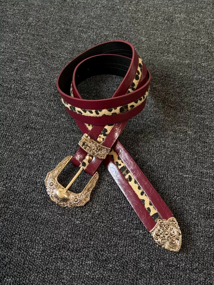 

Ремень в стиле ретро, винно-красный, с леопардовым принтом и металлической пряжкой, высококачественный, универсальный, унисекс, аксессуар для одежды