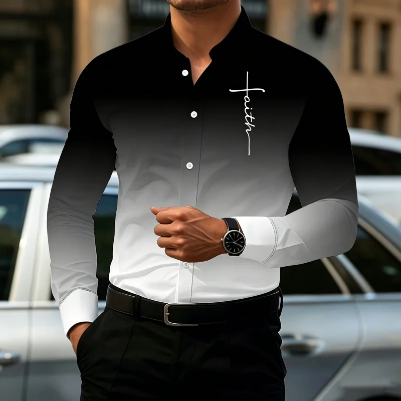 

2026 hot selling men's shirt gradient printed shirt street style lapel slim fit long sleeved shirt business casual top