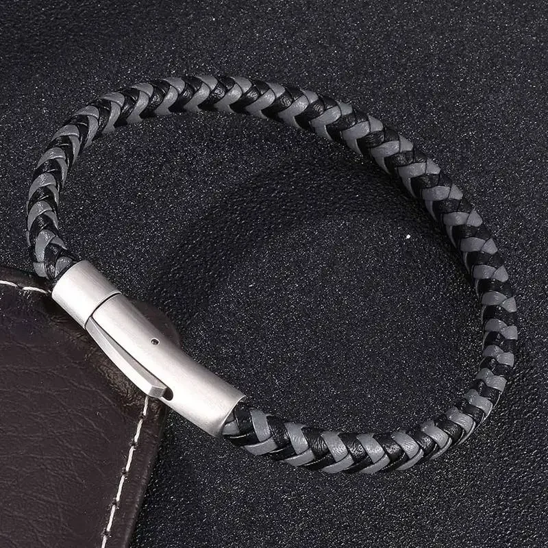 

Simple Unisex Jewelry Black Gray Braided Leather Bracelet for Men Women Fashion Accessories Steel Clasp Leather Bangle SP0499