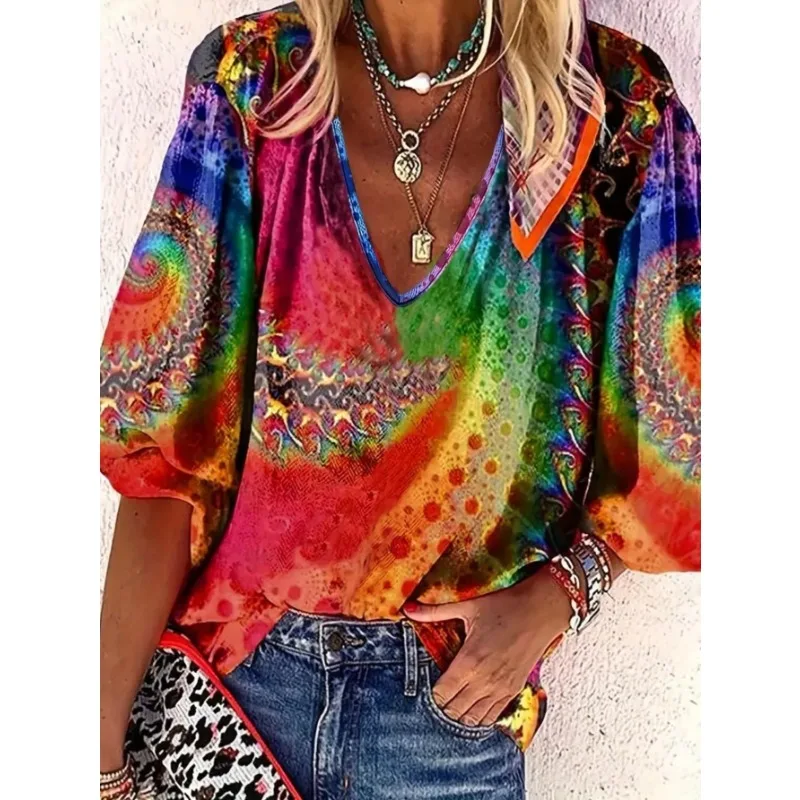 

Плюс размер 1XL-5XL новые женские футболки с v-образным вырезом, топы с 3D художественным принтом, свободная футболка с коротким рукавом