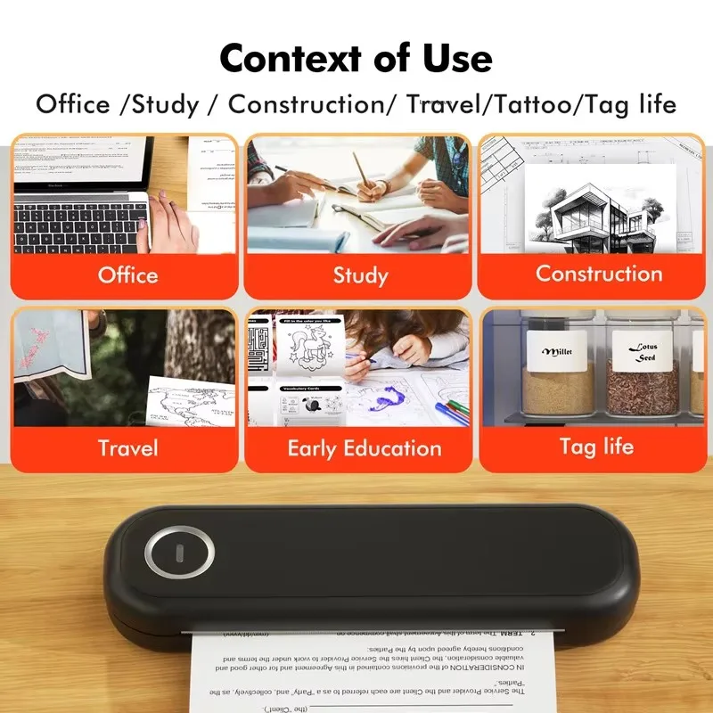 A4 Thermal Printer Portable Home Mobile Office Bluetooth Wireless Handheld Inkless Tattoo Printer Supports Smartphones&PC