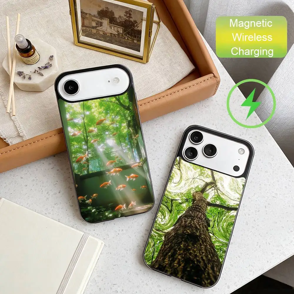

Fresh Natural Green Scenery Phone Case For iPhone17,16,15,14,13,12,11 Max Black Wireless Charging Protecitve Cover