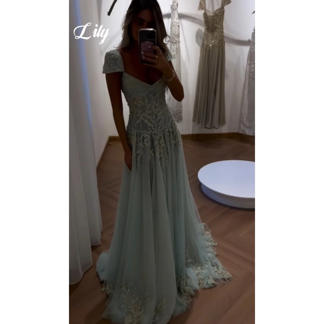Lily Elegant Mint Green Prom Dress Sweetheart Neck Cap Sleeve Sheer Beaded Lace Tulle Trailing Formal Evening Gown Customized image 2