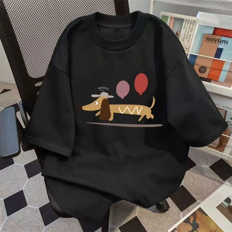 

\ Тяжелая хлопковая летняя футболка с короткими рукавами и принтом щенка из мультфильма для мужчин и женщин, свободная трендовая универсальная модная футболка