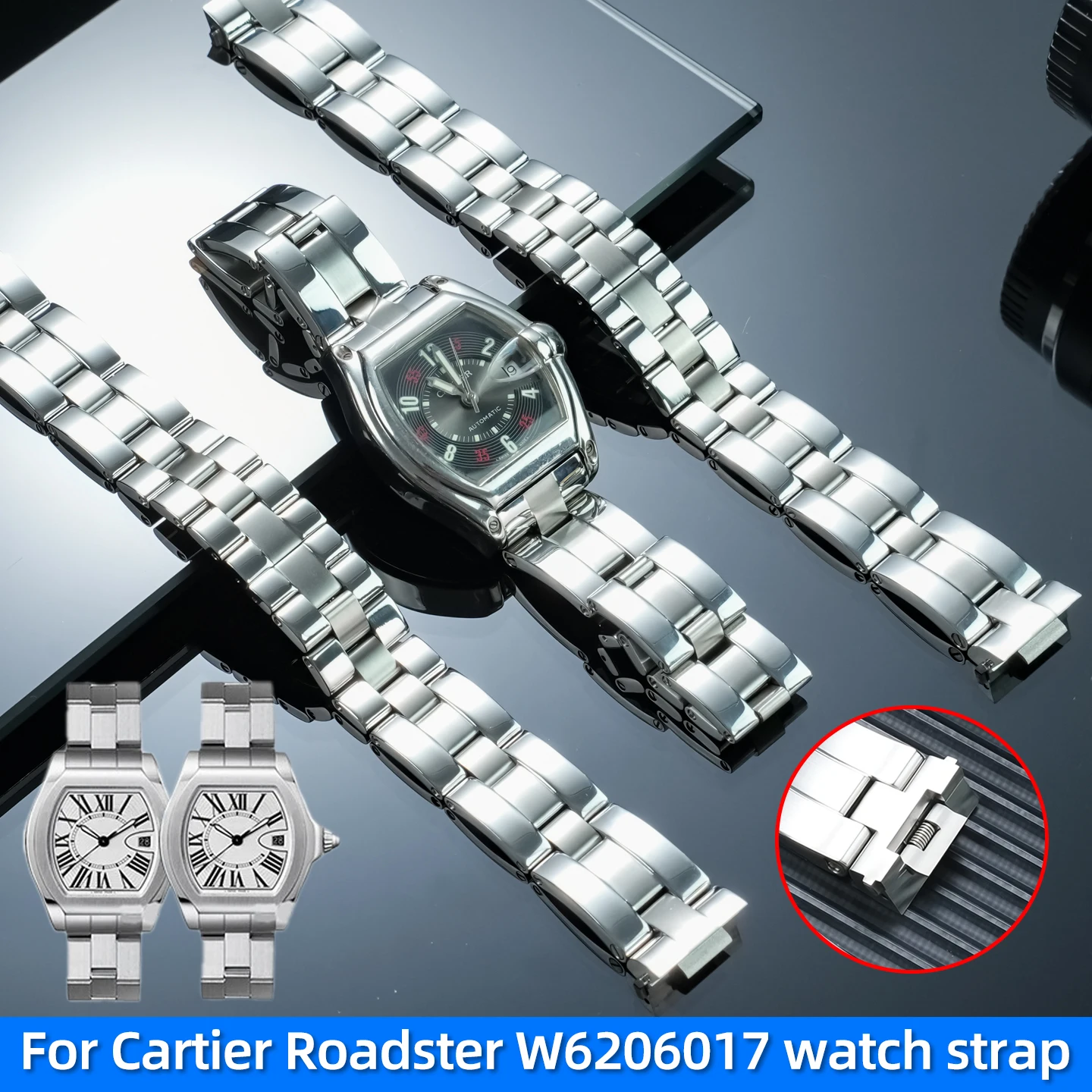 

19mm Quick Release Stainless Steel Watch Strap For Cartier Roadster W62016V3 W62025V3 W6206017 W6206018 Serie Metal bracelet Men