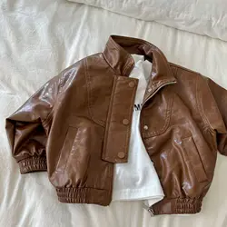 Children's outerwear 2023 autumn boys and girls retro zippered leather jacket baby Korean  leather jackeT