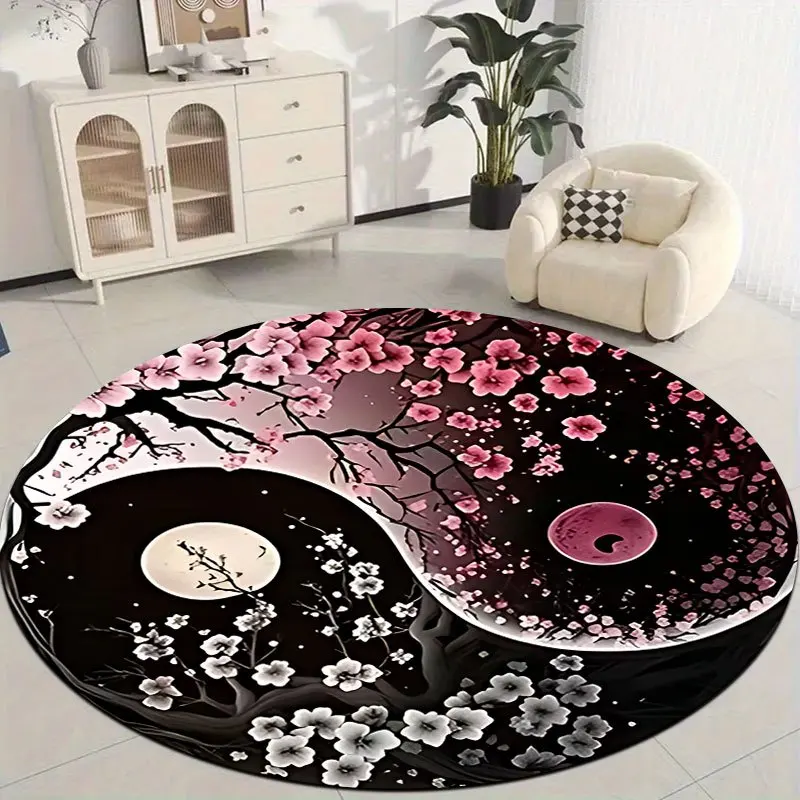 Yin-Yang Cherry Blossom Pattern Flannel-printed round floor mats are slip-resistant Suitable living room terrace garden carpets